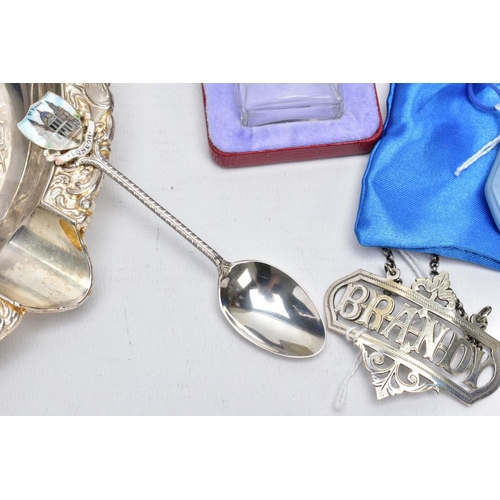 111 - A SELECTION OF SILVER AND WHITE METAL ITEMS, to include two silver mounted pin cushion boxes with a ... 