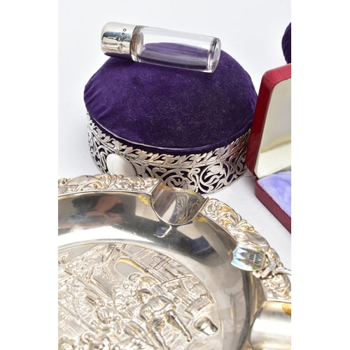 111 - A SELECTION OF SILVER AND WHITE METAL ITEMS, to include two silver mounted pin cushion boxes with a ... 