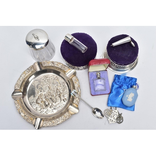 111 - A SELECTION OF SILVER AND WHITE METAL ITEMS, to include two silver mounted pin cushion boxes with a ... 