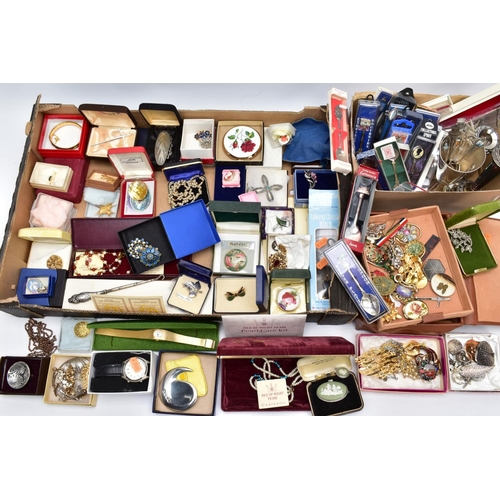 112 - TWO BOXES OF COSTUME JEWELLERY, FLATWARE AND ITEMS, to include a box of mostly costume jewellery suc... 