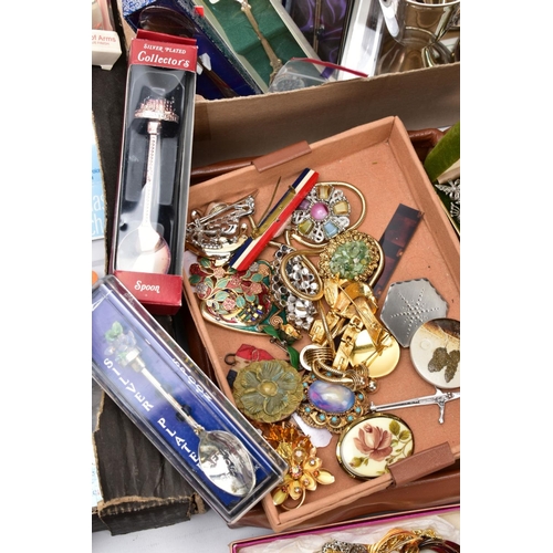 112 - TWO BOXES OF COSTUME JEWELLERY, FLATWARE AND ITEMS, to include a box of mostly costume jewellery suc... 