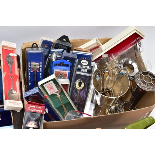 112 - TWO BOXES OF COSTUME JEWELLERY, FLATWARE AND ITEMS, to include a box of mostly costume jewellery suc... 