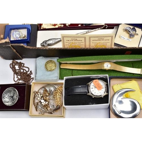 112 - TWO BOXES OF COSTUME JEWELLERY, FLATWARE AND ITEMS, to include a box of mostly costume jewellery suc... 