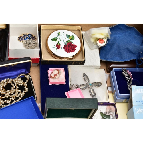 112 - TWO BOXES OF COSTUME JEWELLERY, FLATWARE AND ITEMS, to include a box of mostly costume jewellery suc... 