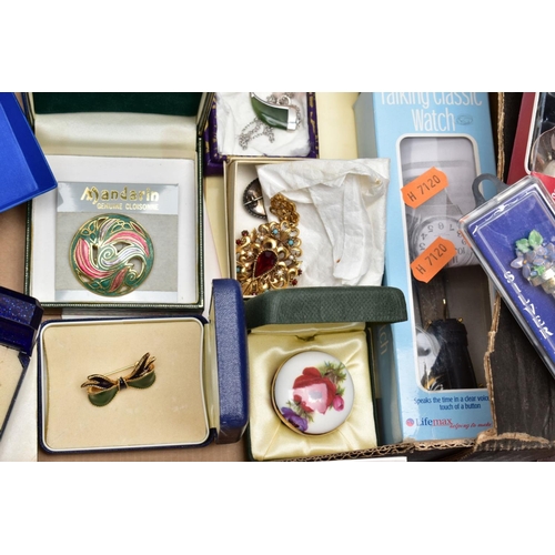 112 - TWO BOXES OF COSTUME JEWELLERY, FLATWARE AND ITEMS, to include a box of mostly costume jewellery suc... 