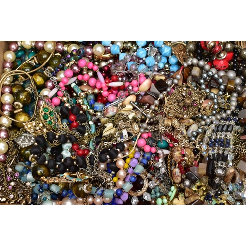 114 - A BOX OF COSTUME JEWELLERY, to include a pair of yellow metal ruby set earrings, variety of bead, wh... 