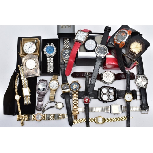 115 - A BOX OF WRISTWATCHES, A STOPWATCH AND A TRAVEL CLOCK, to include a variety of quartz, ladies and ge... 