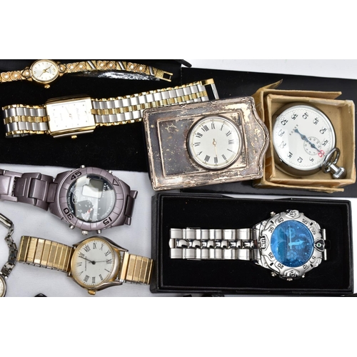 115 - A BOX OF WRISTWATCHES, A STOPWATCH AND A TRAVEL CLOCK, to include a variety of quartz, ladies and ge... 