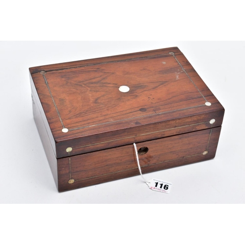 116 - A WOODEN BOX WITH CONTENTS, the wooden box inlayed with mother of pearl detail (damage to the lid) o... 