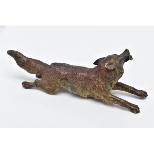 12 - A COLD PAINTED BRONZE FOX, in a running position holding something in its mouth, approximate length ... 