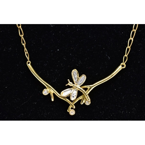 120 - A MODERN DIAMOND PENDANT STYLED AS A DRAGONFLY BETWEEN BRANCHES, fitted in a fixed position to a lon... 