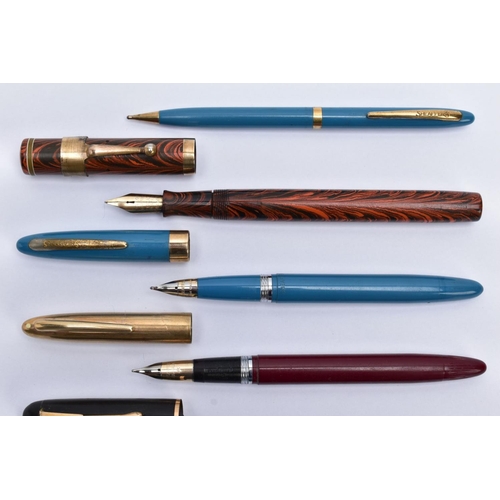 121 - A SELECTION OF VINTAGE FOUNTAIN PENS AND PEN SETS, including a tuequoise and gold Sheaffer pen set, ... 