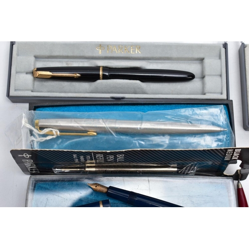 122 - A TRAY CONTAINING TWELVE PARKER FOUNTAIN PENS, TWO PROPELLING PENCILS including four Slimfolds, a Ju... 