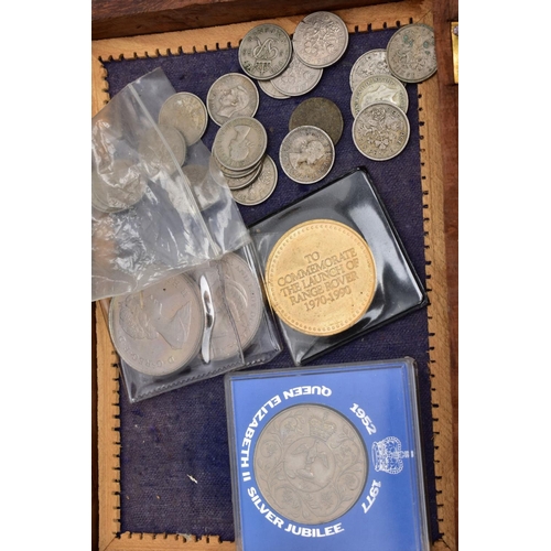 124 - A BOX OF WORLD COINS to include some silver UK coins mainly silver threepences, some banknotes, Bank... 