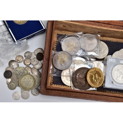 124 - A BOX OF WORLD COINS to include some silver UK coins mainly silver threepences, some banknotes, Bank... 