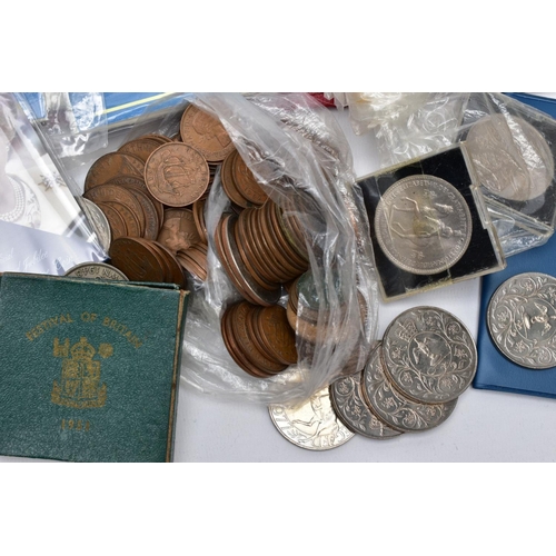 125 - A SMALL BOX OF UK COINAGE, to include a silver gilt Jubilee 1977 medal (stained), a J F Kennedy 1951... 