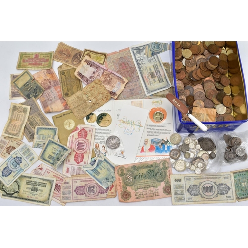 126 - A TETLEY TEA TIN OF MIXED COINAGE, to include a high grade Edward VII crown coin 1902, Bill of Right... 