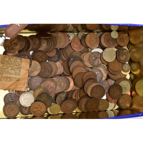 126 - A TETLEY TEA TIN OF MIXED COINAGE, to include a high grade Edward VII crown coin 1902, Bill of Right... 