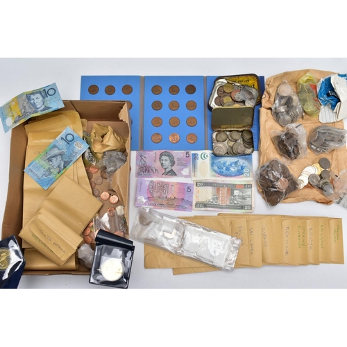 127 - A BOX CONTAINING MIXED WORLD COINS, to include some modern fifty pence series of coins, lots of mid ... 