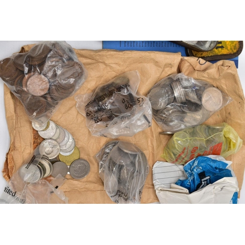 127 - A BOX CONTAINING MIXED WORLD COINS, to include some modern fifty pence series of coins, lots of mid ... 