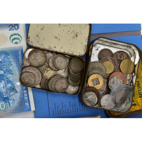 127 - A BOX CONTAINING MIXED WORLD COINS, to include some modern fifty pence series of coins, lots of mid ... 