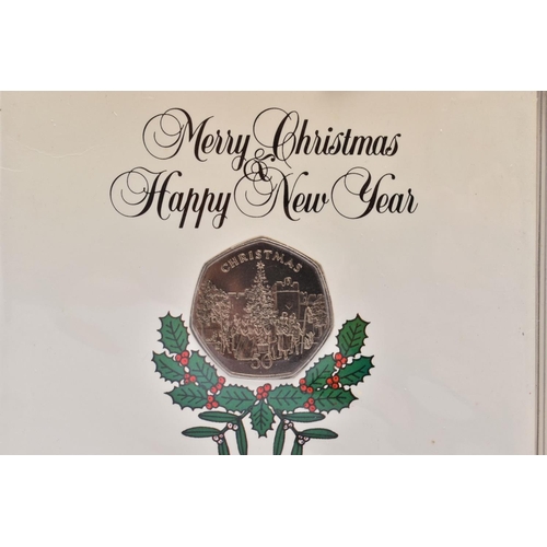 129 - ISLE OF MAN CHRISTMAS FIFTY PENCE COMMEMORATIVE COINS, The Worlds First of It's Kind, to include six... 