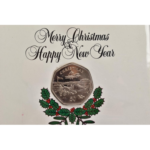 130 - ISLE OF MAN DIAMOND FINISH CHRISTMAS FIFTY PENCE COINS, to include 1980, 1982, 1983, 1984, 1985, all... 