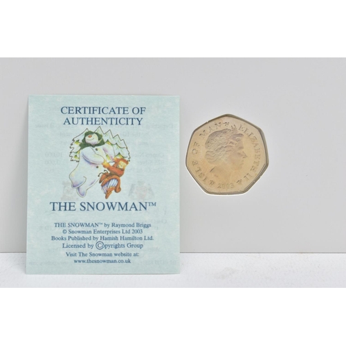 132 - ISLE OF MAN POBJOY MINT, THE 2003 CHRISTMAS SNOWMAN AND JAMES FIFTY PENCE, diamond finish on card wi... 