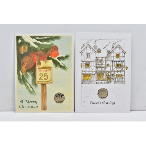 133 - CHRISTMAS FIFTY PENCE POBJOY ISLE OF MAN, to include 2001 and 2002 Victorian letter box, manger scen... 