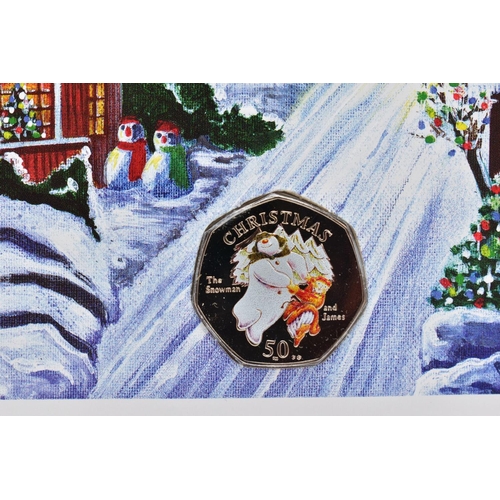 134 - POBJOY ISLE OF MAN CHRISTMAS FITY PENCE COIN, The Snowman coloured 2003 on a season's greetings card... 