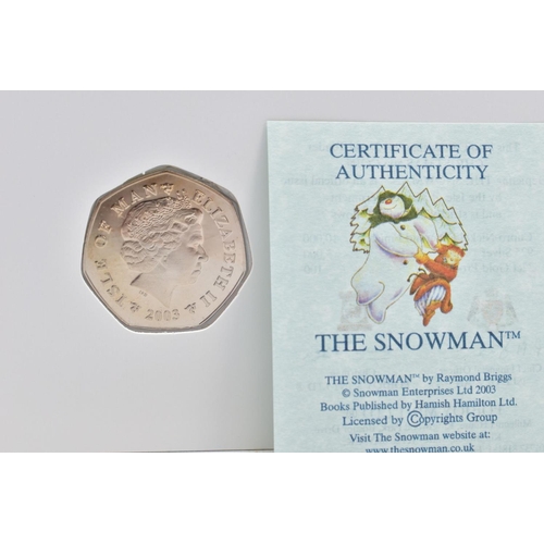 134 - POBJOY ISLE OF MAN CHRISTMAS FITY PENCE COIN, The Snowman coloured 2003 on a season's greetings card... 