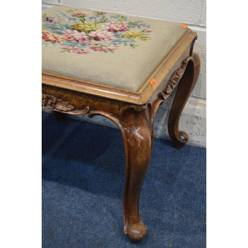 1356 - A VICTORIAN STYLE SQUARE FOOTSTOOL, with a needlework drop in seat pad, 49.5cm squared x height 42cm... 