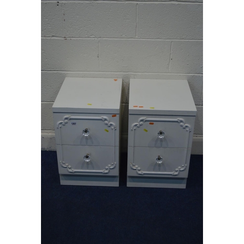 1357 - A PAIR OF WHITE FINISH FRENCH TWO DRAWER BEDSIDE CABINETS