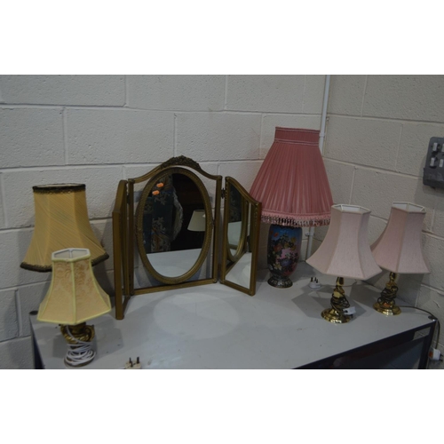 1358 - A GILT WOOD TRIPLE DRESSING MIRROR, together with five various table lamps, including one ceramic cl... 