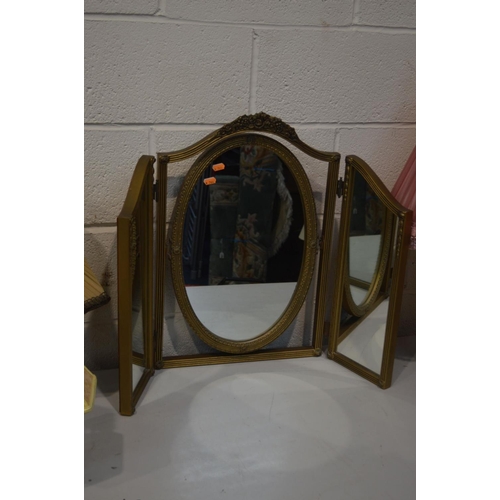 1358 - A GILT WOOD TRIPLE DRESSING MIRROR, together with five various table lamps, including one ceramic cl... 