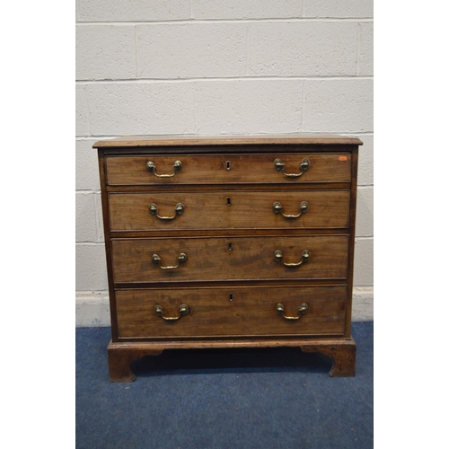 1359 - A GEORGE III MAHOGANY CHEST OF FOUR LONG GRADUATED DRAWERS, with brass swan neck handles, on bracket... 