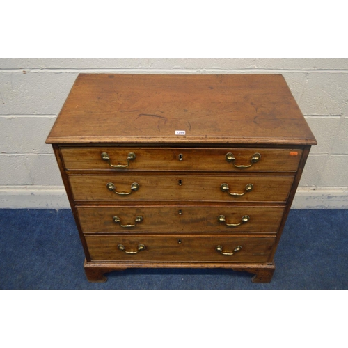 1359 - A GEORGE III MAHOGANY CHEST OF FOUR LONG GRADUATED DRAWERS, with brass swan neck handles, on bracket... 