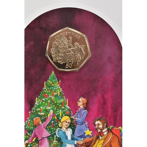 137 - POBJOY ISLE OF MAN CHRISTMAS FIFTY PENCE COINS, to include Newspaper Seller 1992 on greeting card, 1... 