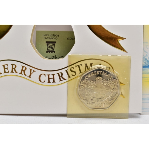 138 - ISLE OF MAN CHRISTMAS FIFTY PENCE COINS, to include 1994 diamond finish Wren Hunting on card, 1995 d... 