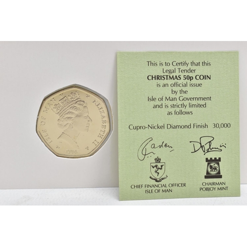 138 - ISLE OF MAN CHRISTMAS FIFTY PENCE COINS, to include 1994 diamond finish Wren Hunting on card, 1995 d... 