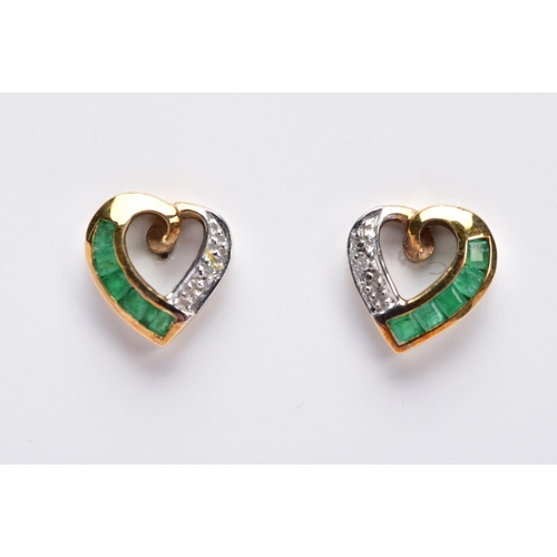 14 - A PAIR OF 9CT GOLD EMERALD AND DIAMOND EARRINGS, each designed as an openwork heart to one side set ... 