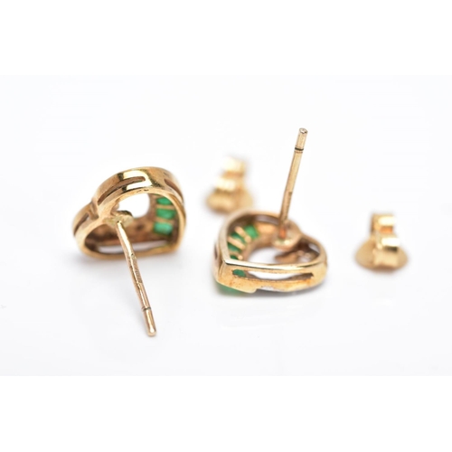 14 - A PAIR OF 9CT GOLD EMERALD AND DIAMOND EARRINGS, each designed as an openwork heart to one side set ... 