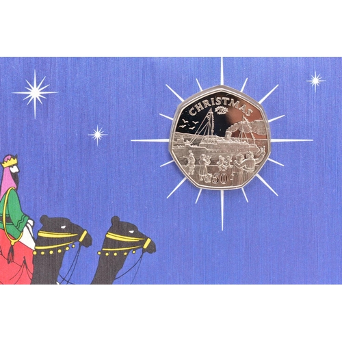 140 - EIGHT CHRISTMAS 50P COINS ON CARDS, DIAMOND FININSH BY POBJOB FOR THE ISLE OF MAN, 1988 B.S.A. Motor... 