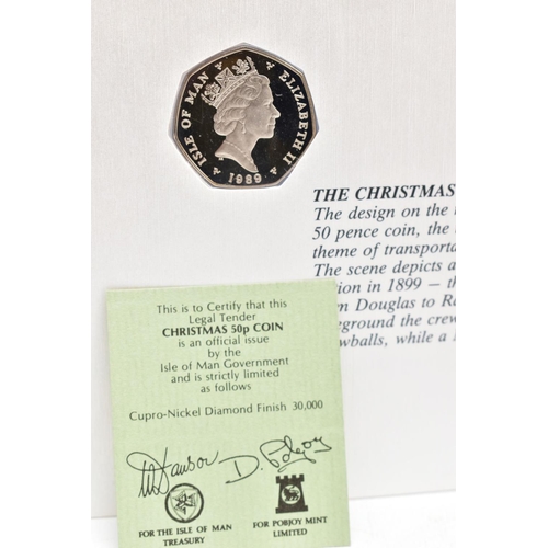 140 - EIGHT CHRISTMAS 50P COINS ON CARDS, DIAMOND FININSH BY POBJOB FOR THE ISLE OF MAN, 1988 B.S.A. Motor... 