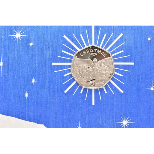 140 - EIGHT CHRISTMAS 50P COINS ON CARDS, DIAMOND FININSH BY POBJOB FOR THE ISLE OF MAN, 1988 B.S.A. Motor... 