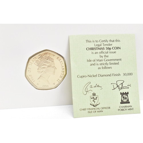 140 - EIGHT CHRISTMAS 50P COINS ON CARDS, DIAMOND FININSH BY POBJOB FOR THE ISLE OF MAN, 1988 B.S.A. Motor... 