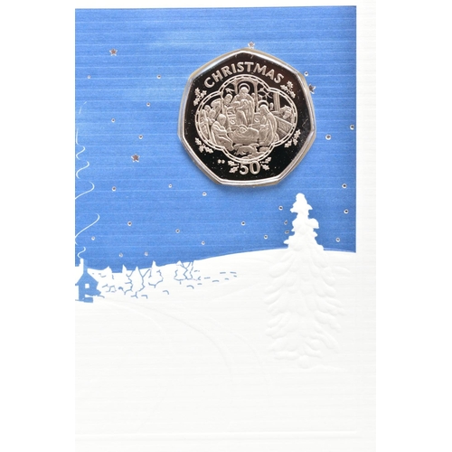 140 - EIGHT CHRISTMAS 50P COINS ON CARDS, DIAMOND FININSH BY POBJOB FOR THE ISLE OF MAN, 1988 B.S.A. Motor... 