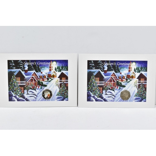 142 - ISLE OF MAN POBJOY CHRISTMAS DIAMOND FINISH FIFTY PENCE PAIR OF SNOWMAN AND JAMES 2003 BB coloured a... 