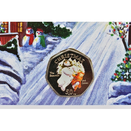 142 - ISLE OF MAN POBJOY CHRISTMAS DIAMOND FINISH FIFTY PENCE PAIR OF SNOWMAN AND JAMES 2003 BB coloured a... 