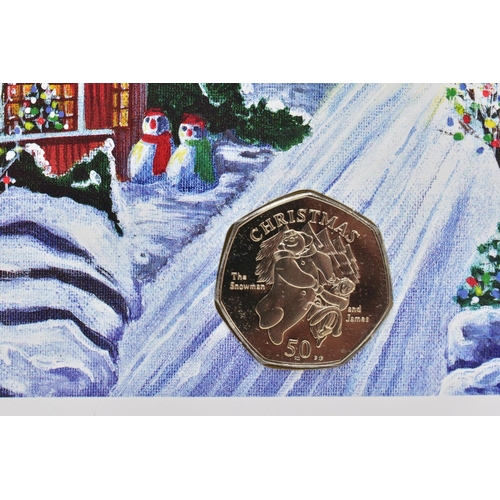 142 - ISLE OF MAN POBJOY CHRISTMAS DIAMOND FINISH FIFTY PENCE PAIR OF SNOWMAN AND JAMES 2003 BB coloured a... 